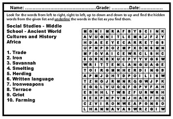 Preview of 51 Middle School, Social Studies, Word Search Worksheets, Vocabulary Sub Plans