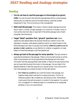 Preview of Middle/Upper Level SSAT Reading and Analogy Strategy Checklist