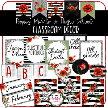Preview of Middle or High School Classroom Decor - Red and Black Poppies Floral Theme