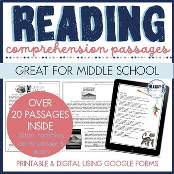 Preview of Middle school reading comprehension passage assessment 6th, 7th & 8th graders