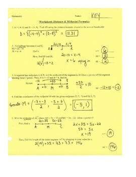 Preview of Midpoint/Distance Formulas & Segment Addition Worksheet (with answer key)