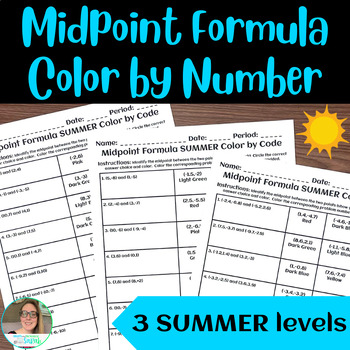 Preview of Midpoint Formula SUMMER Color by Code Printable Worksheet Activities