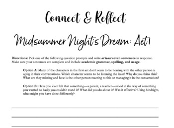 Preview of Midsummer Night's Dream by William Shakespeare Connect & Reflect Journal Entries