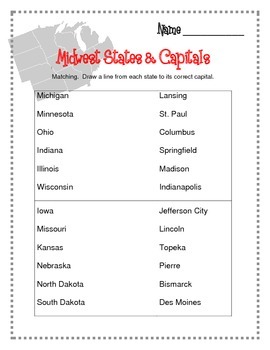 Midwest Region Worksheets and Flashcards. Matching. Label. Capitals and