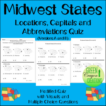 Preview of Midwest States Locations, Capitals & Abbreviations Modified Quiz -Versions A & B