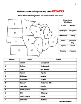 Midwest States and Capitals Map Test (Versions A & B) by Fifth Grade