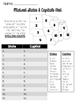 Midwest States and Capitals Quiz by Mrs Vincent | TpT