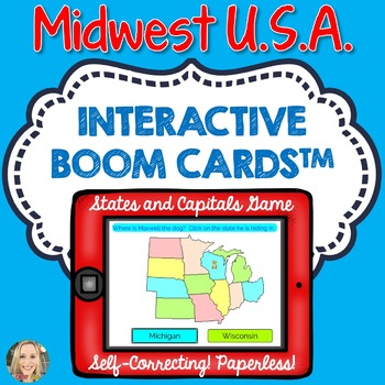 Preview of Midwest U.S. States and Capitals Boom Cards, Games, Geography, Map Skills