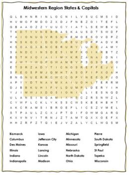 Midwestern States Capitals Crossword Puzzle and Word Search Combo