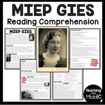 Preview of Miep Gies Biography Reading Comprehension Worksheet Diary of Anne Frank