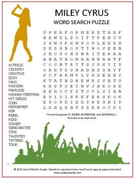 Preview of Miley Cyrus Word Search Puzzle | Music Vocabulary Activity Worksheet