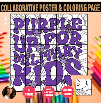 Preview of Military child month coloring collaborative poster April Pop art Bulletin Board