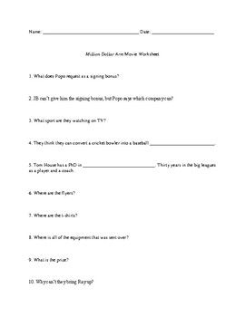 Preview of Million Dollar Arm Movie Worksheet