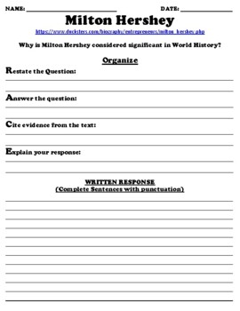 Preview of Milton Hershey R.A.C.E Online Writing Assignment W/Article (PDF)