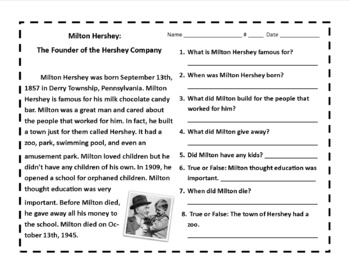 Preview of Milton Hershey Story Questions