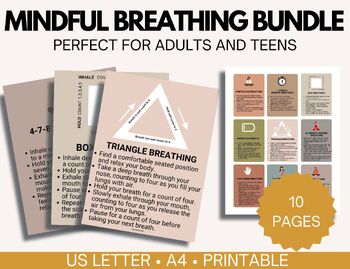 Preview of Mindful Breathing Cards Bundle for Teens & Adults, Mindfulness Breathing Exercis
