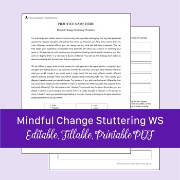 Preview of Mindful Change Stuttering Worksheet for Speech Therapy | Fillable, Printable PDF