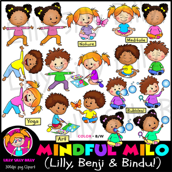 Preview of Mindful Milo (Lilly, Benji & Bindu) - B/W & Color clipart illustration