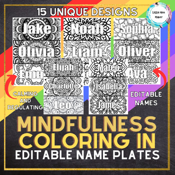 Preview of Mindfulness Coloring In EDITABLE Student Name Plate Tag Labels SEL Mental Health