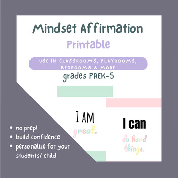 Preview of Mindset Affirmations Printable for Kids