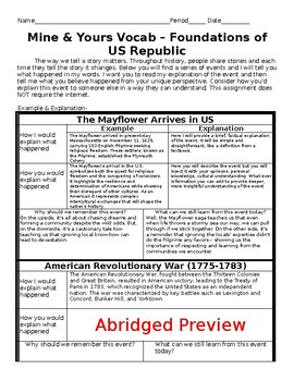 Preview of Mine & Yours: Foundations of the US Republic Event Timeline, Vocabulary Activity