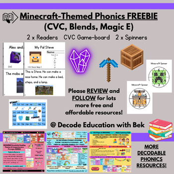 Preview of Decodable Minecraft Phonics Reading Books/Passages (CVC, Blends, Magic E) & Game