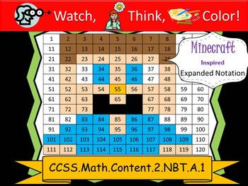 Preview of Minecraft Inspired Expanded Notation - Watch, Think, Color! CCSS.2.NBT.A.1