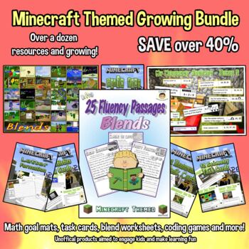 Preview of Minecraft Themed Resources Growing Bundle Worksheets Printables Maths Blends ICT