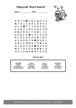 minecraft word search teaching resources teachers pay teachers