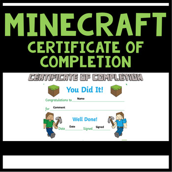 Preview of Minecraft themed editable certificate award for any class ppt