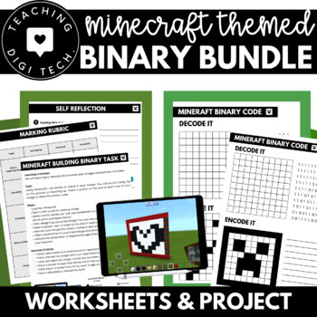 Preview of Minecraft themed BINARY BUNDLE | Binary Worksheets & Binary Project + Assessment