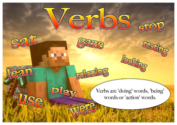 Preview of Minecraft themed nouns, verbs and adjectives posters