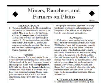 Preview of Miners, Ranchers, and Farmers Reading & questions
