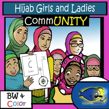 Preview of Mini-Bundle: Hijab Girls 17 pc. Clip-Art ( BW and Color!)