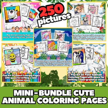 Preview of Mini Bundle-Pop Art 250 Cute Animal Coloring Pages + Space for mini essay Vol 1.