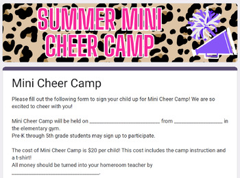 Preview of Mini Cheer Camp Digital Form