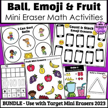 Preview of Mini Eraser Math Activities BUNDLE | Fruit, Emoji, Sports Ball Target 2023