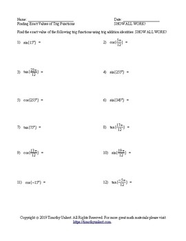 Preview of Mini Exact Values From Trig Addition and Subtraction Identities (sin, cos, tan)