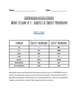 Preview of Mini Lesson 1-Subject vs. Object Pronoun (Conversational English for Spanish Sp)