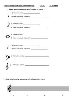 Preview of Mini Music Theory Quiz/ Test/ Worksheet (Basic Theory Round Up)