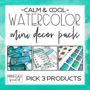 Preview of Mini Watercolor Classroom Decor Bundle - Calm & Cool Watercolor