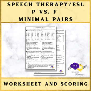 Preview of Minimal Pairs Production P F Worksheet (Adult Speech Therapy - ESL)