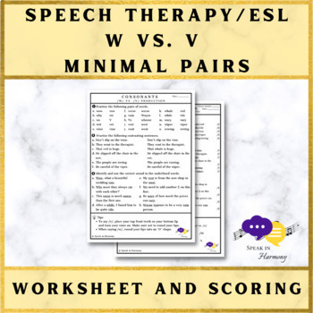 Preview of Minimal Pairs Production W V Worksheet (Adult Speech Therapy - ESL)