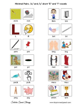 Preview of Minimal Pairs - Short E & I Vowels - 3 pgs - speech therapy articulation accent