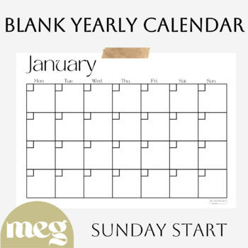 Preview of Minimalist Printable Blank Monthly Calendar 2023 | SUNDAY START CALENDAR