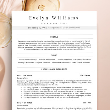 Preview of Minimalist Resume Template, Teacher Resume Template for MS Word & Apple Pages