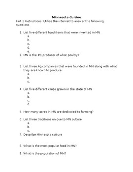 Preview of Minnesota Cuisine Worksheet