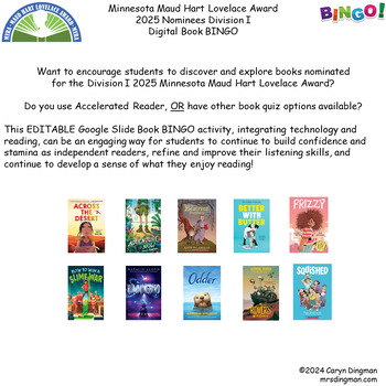 Preview of Minnesota Maud Hart Lovelace Award 2025 Nominees Division I Digital Book BINGO