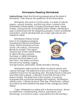 Preview of Minnesota State Profile & History Reading Worksheet w/Answer Key **Editable**