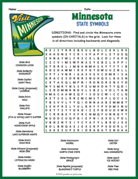 Minnesota State Symbols Word Search FUN by Puzzles to Print | TpT